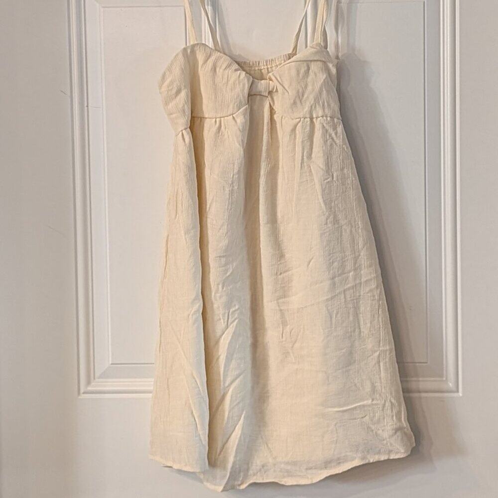 Cream Babydoll Mini Dress Bow Front Adjustable Straps XS Lined Summer Soft Girl
